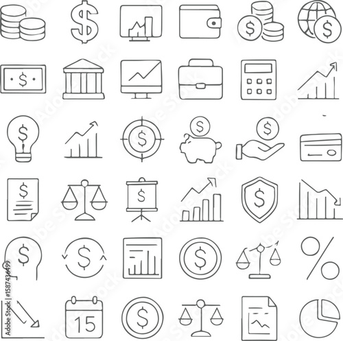 Loan and financing line icon set vector illustration. Includes approval, interest rate, repayment, mortgage, agreement, penalty, rejection, calculator, credit score and credit risk elements.