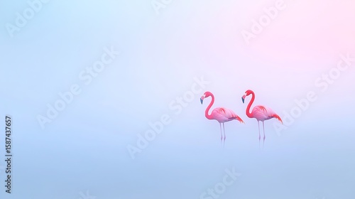 Two elegant pink flamingos stand in softly lit misty blue water