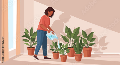 Woman watering houseplants in a sunlit room.