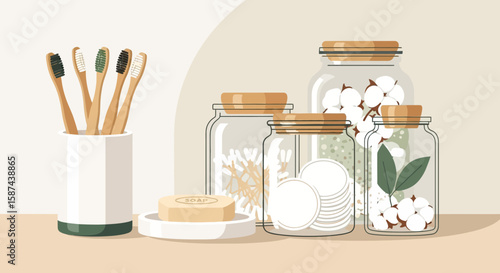 Illustration of eco-friendly bathroom essentials, including bamboo toothbrushes and glass jars.