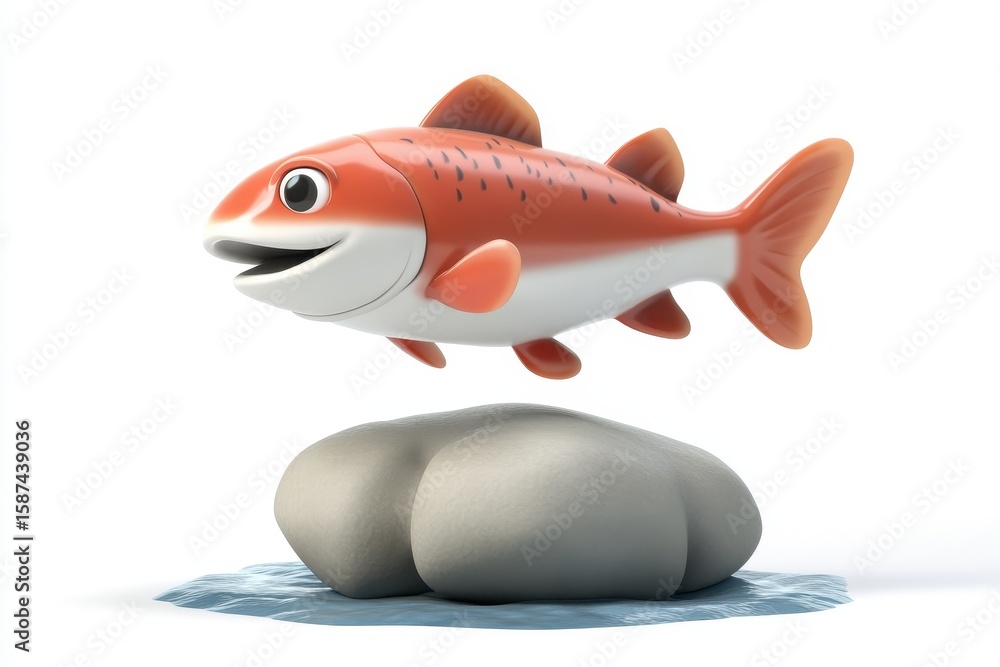 Fototapeta premium Salmon leaping upstream 3d cartoon character on white background