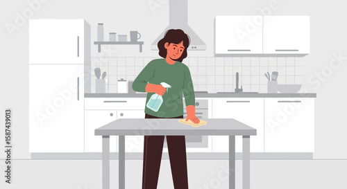 Woman cleaning kitchen table with spray bottle and cloth.