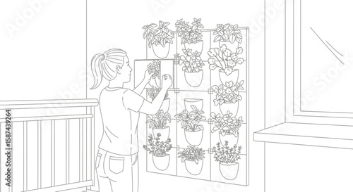 A woman tending to a vertical garden of potted plants hanging on a wall indoors, near a window and balcony railing.