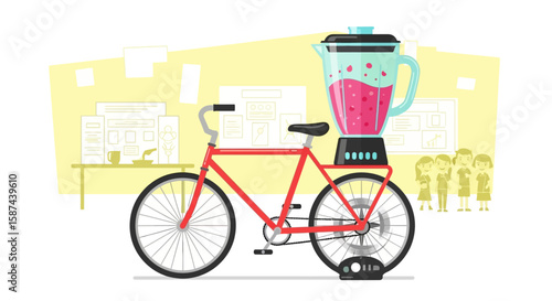 A red bicycle with a large blender attached to its back, parked in a brightly colored office space.