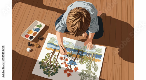 A young artist is seen painting a colorful landscape on a large paper sheet.