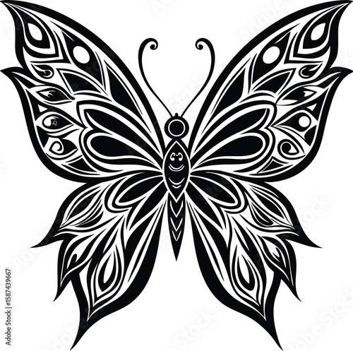 Ornate black butterfly with tribal patterns and smiling face white