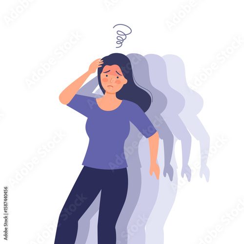 Dizzy woman fainting, falling down. Girl feeling unwell, unhealthy, dizziness, vertigo, headache. Lady falls from weakness.
