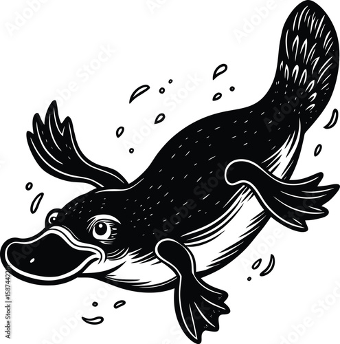 Black and white illustration of a swimming platypus with water splashes animal wildlife