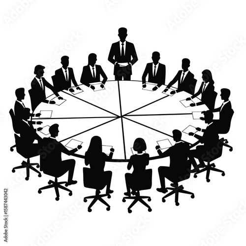 Business meeting around circular table with presenter people discussion