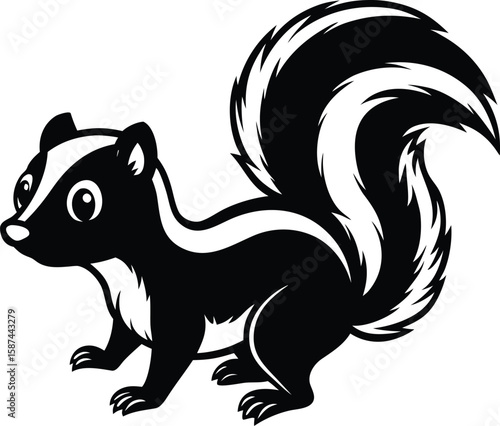 Black and white skunk with bushy tail animal