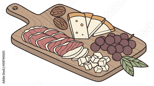 Illustration of a wooden charcuterie board with meats cheeses grapes and almond snacks displayed nicely