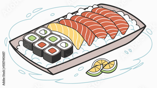 Illustration of a sushi platter with salmon nigiri, maki rolls, and lemon slices on a white background