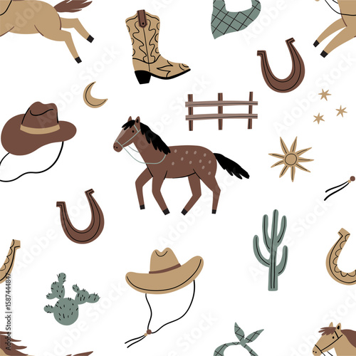 Cowboy accessories set. Western boots, shoes, hat, plants, animals, sheriff star. American country fashion. Flat style vector illustration
