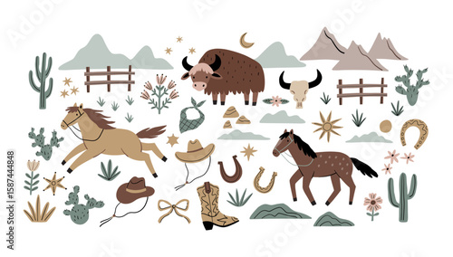 Cowboy accessories set. Western boots, shoes, hat, plants, animals, sheriff star. American country fashion. Flat style vector illustration