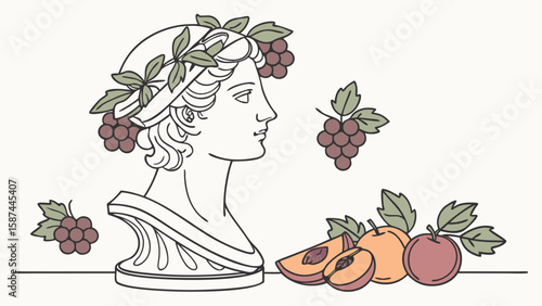 Illustration of a bust with grapes and a wreath next to peaches and an apple on a white background