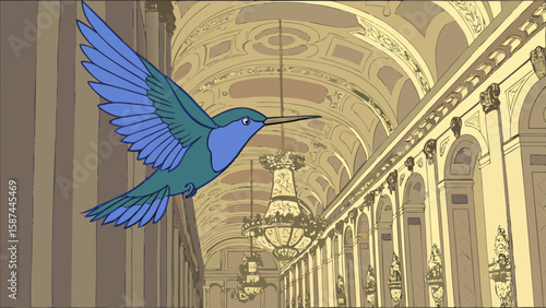 Illustration of a blue and green hummingbird flying through a grand hall with chandeliers and arches