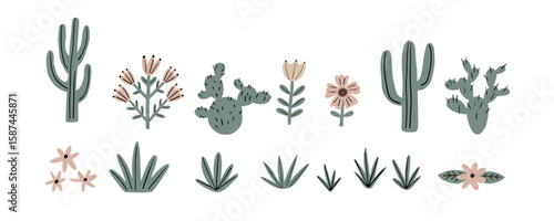 Cowboy accessories set. Western boots, shoes, hat, plants, animals, sheriff star. American country fashion. Flat style vector illustration
