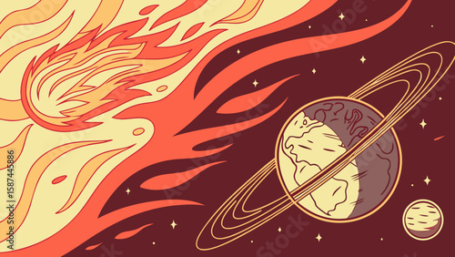 A cartoon illustration of a comet and a ringed planet in a reddish brown starry space scene view