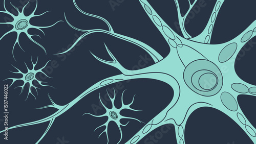 Illustration of several stylized neurons with dendrites on a dark blue background art design