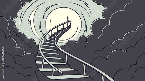 Illustration of a staircase leading up to a bright light surrounded by dark clouds in the sky