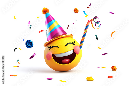 A cheerful celebration emoji with a party hat smiles amidst falling confetti, ideal for conveying joy, birthdays, and festive occasions.