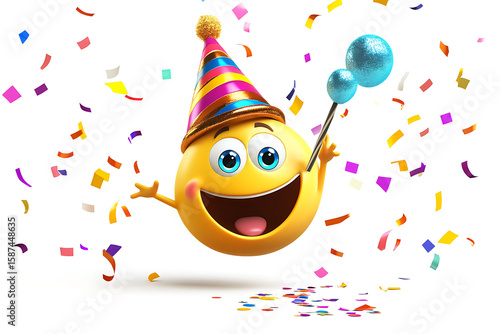 Joyful emoji character celebrates a birthday with a party hat, confetti, and balloons expressing happiness and excitement on a clean white background.