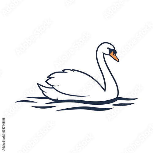 A graceful white swan glides serenely across the calm water, its elegant form reflected in the still surface isolated on white background