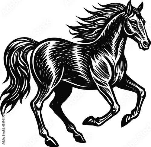 Powerful black horse galloping with flowing mane and tail white running
