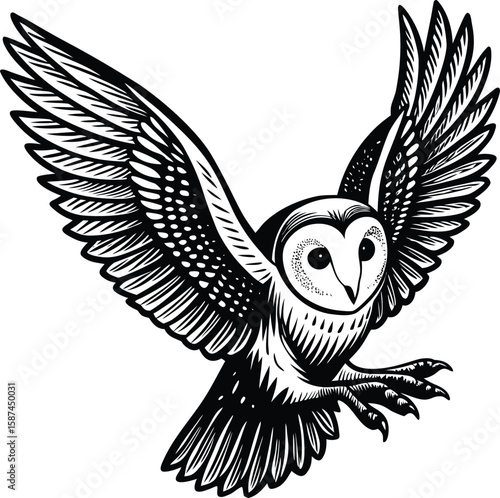 Black and white illustration of a barn owl in flight bird wings