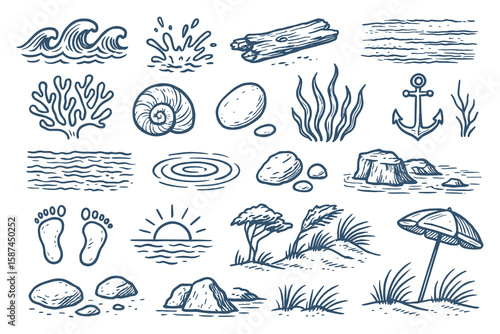 Engraved Beach Elements Collection: Hand-Drawn Ocean Waves, Sand, Anchor, and More Sketches