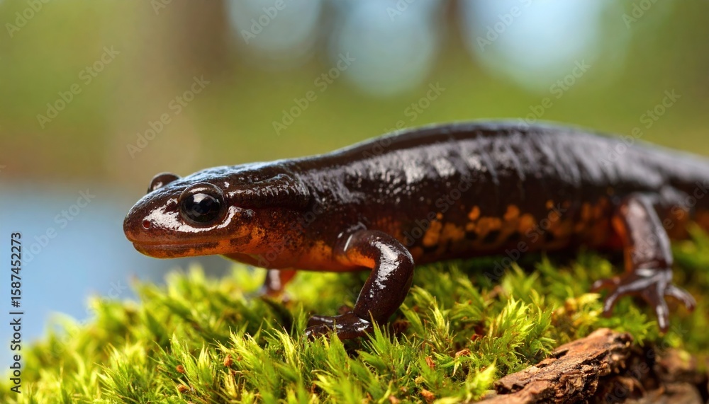 Obraz premium A dark bodied salamander with reddish orange undersides rests on vibrant green moss