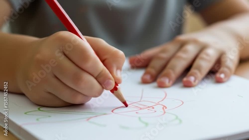 Childs hands coloring on white paper with a red pencil creating abstract shapes