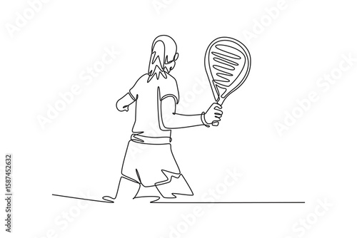 back view girl padel tennis player. padel concept. Single line draw design. Vector graphic illustration