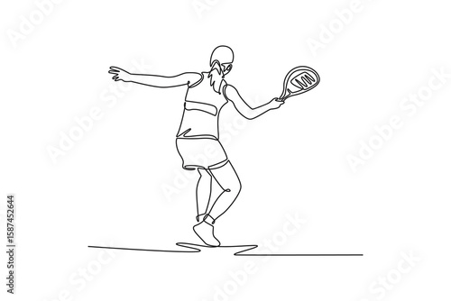 back view of Woman playing padel outdoor. padel concept. Single line draw design. Vector graphic illustration