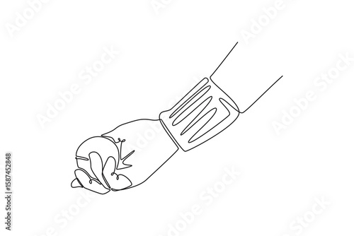 close up hand with black wristband catching tennis ball. padel concept. Single line draw design. Vector graphic illustration