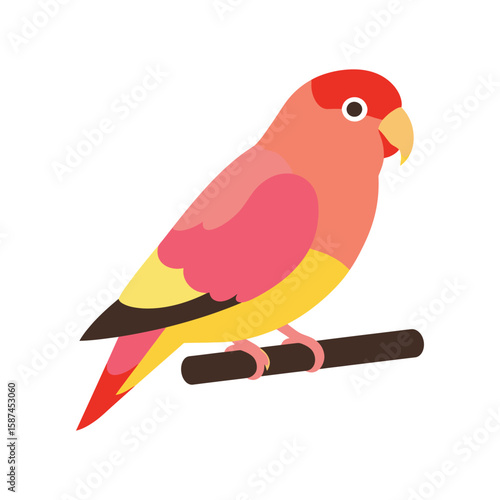 A colorful peachfaced lovebird perched on a branch, isolated on white background, showcasing its vibrant plumage and charming demeanor