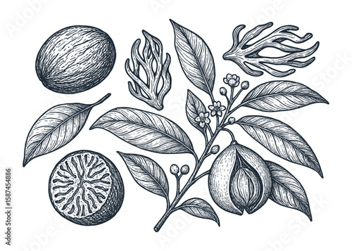 Detailed Botanical Illustration of Nutmeg Plant: Nut, Mace, Leaves, and Flower Sprig
