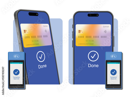 Smartphone with Credit Card and POS Terminal – Realistic Wireless NFC Payment and Transaction Approval for Online Shopping and Mobile Banking. Banner Ad, Promotion, Leaflet, and Brochure Design