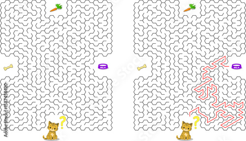 Chose right item and help cat pass through maze to find its food. Hard riddle for clever kids and pupils. Feed the hungry kitten labyrinth with solution isolated on white background.