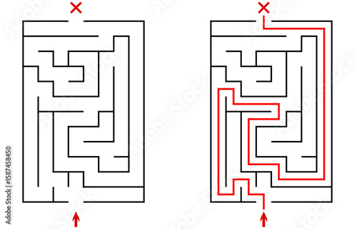 Vector vertical rectangular labyrinth with entry and exit. Difficulty level - easy. Children logic game. Not hard riddle solated on white background for kids and parents with solution