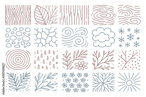 Detailed Hand Drawn Nature Pattern Set with Wood, Leaf, Stone, and Weather Elements