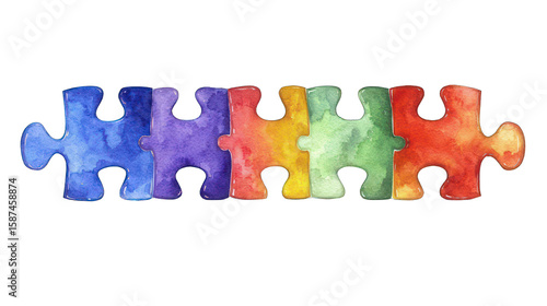 Colorful puzzle pieces, rainbow hues, watercolor effect
