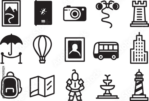 Collection of travel and leisure icons isolated on transparent background