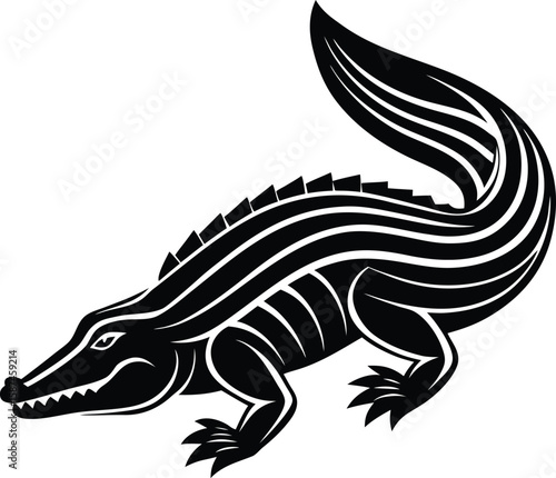 Stylized black alligator with flowing lines and sharp teeth reptile white