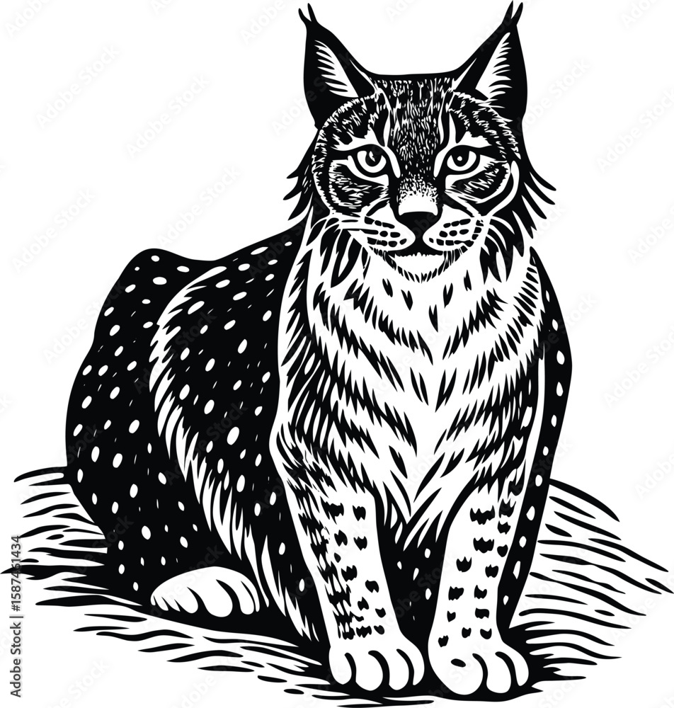 Obraz premium Black and white illustration of a spotted lynx sitting feline wildcat