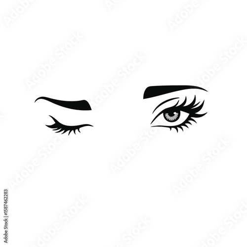 Black and white illustration of a woman's eyes one winking one open eye eyelashes