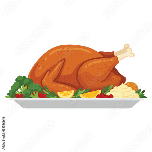 A roasted turkey on a platter, garnished with greens, symbolizes a traditional thanksgiving dinner and festive celebration