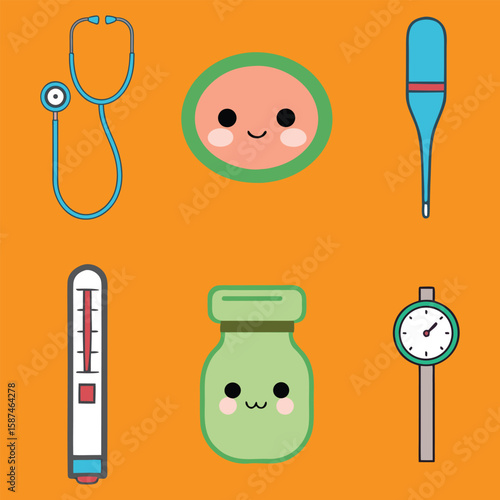 Cute Cartoon Medical Icon Set Featuring Stethoscope, Thermometer, and Medicine Bottle on Orange Background