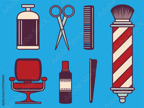 Illustration of Barber Shop Tools and Equipment Chair, Scissors, Comb, and Pole