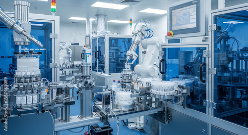 Automated robotic arm processes vials of liquid inside a clean pharmaceutical manufacturing facility